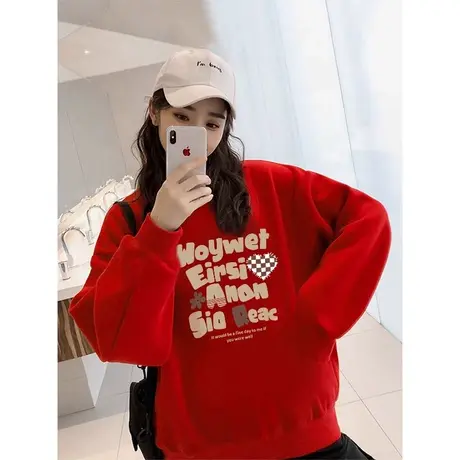美式复古高级感加绒加厚卫衣女正红色2024年新款过年穿的百搭上衣商品大图