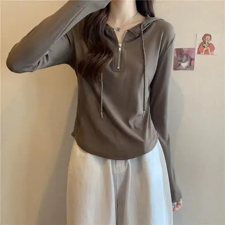 摩卡色连帽长袖卫衣女2024春季新款设计感短款t恤上衣内搭打底衫图片