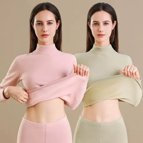 一体绒中领保暖内衣女套装加绒加厚秋衣防寒彩色内搭打底上衣冬季图片