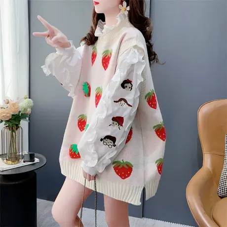 学院风草莓提花圆领针织马甲背心女春季新款宽松休闲甜美无袖坎肩图片