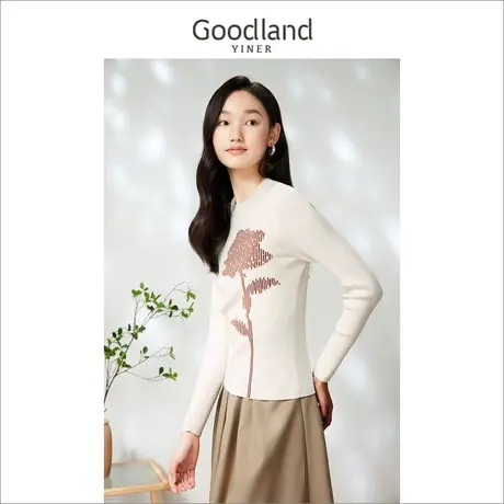 【环保天丝】Goodland女装2023春季撞色织花设计感针织衫图片