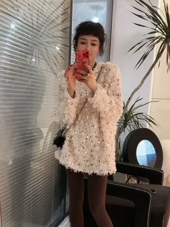 欧式中长款上衣亮片流苏宽松大板毛毛外搭V领毛衣裙子春秋打底衫商品大图