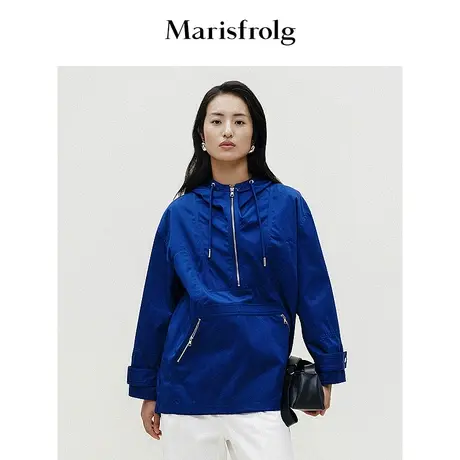 【商场同款】玛丝菲尔2024年春新款深蓝色拉链高级感冲锋连帽风衣商品大图