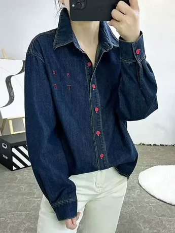 设计感字母刺绣休闲长袖牛仔衬衫女2024早春新款洋气宽松打底上衣商品大图