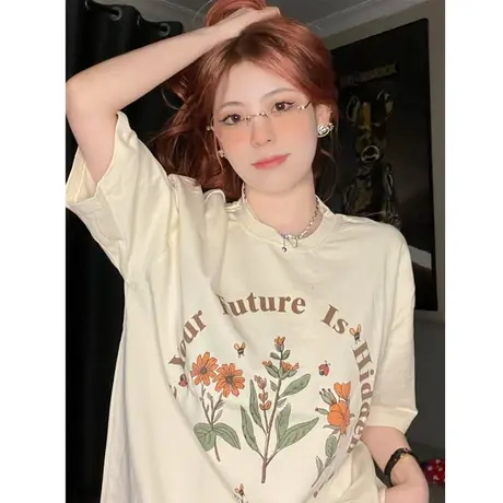 纯棉正肩短袖t恤女ins潮夏季2022新款宽松百搭半袖设计感小众上衣商品大图