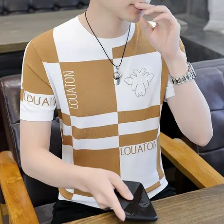 港士博圆领短袖t恤男士修身潮流格子提花2023新款半袖针织打底衫商品大图