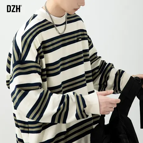 男生美式条纹卫衣男春秋圆领2024新款宽松长袖t恤打底衫衣服男款商品大图