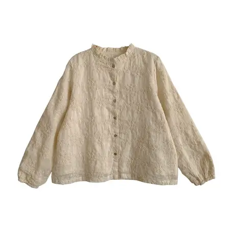 享永子【月下山茶】早春重工刺绣文艺百搭苎麻衬衫 内衬竹纤维+棉图片