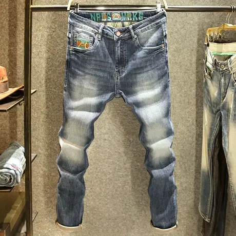 2024新款水洗耐磨牛仔裤男修身小直筒裤子男美式复古潮牌刺绣长裤商品大图