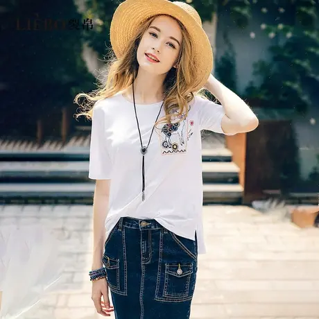 裂帛短袖T恤女夏季chic设计感小众复古刺绣正肩休闲简约别致上衣商品大图