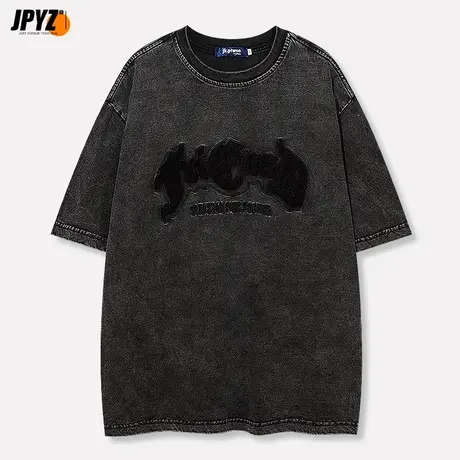 美式短袖t恤男水洗做旧高街潮牌宽松纯棉夏季男生5分潮流半袖体恤商品大图