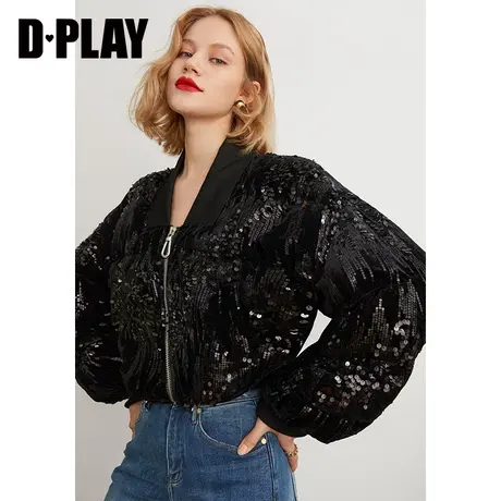 DPLAY秋珠片丝绒高腰短款黑色面包棉服商品大图