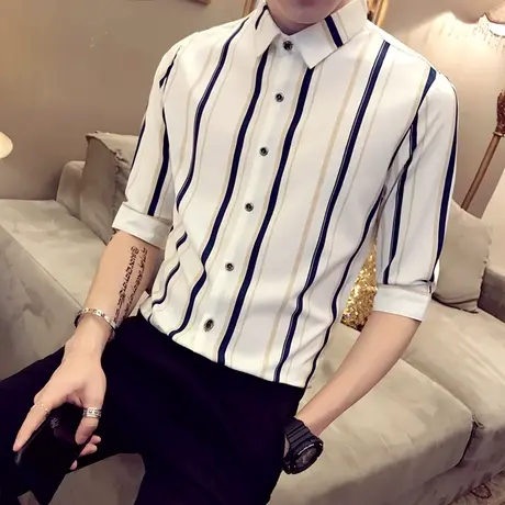 韩版短袖衬衫男士日系休闲七分袖衬衣潮流薄款中袖夏装痞帅上衣寸商品大图