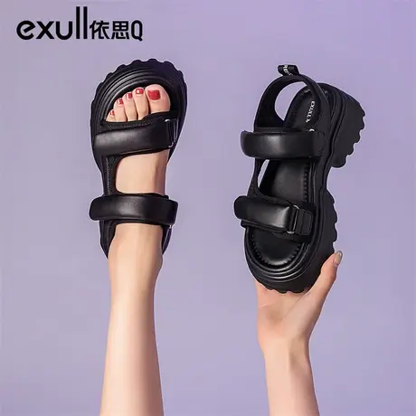 依思q黑色凉鞋女2024年新款夏季厚底松糕网红爆款运动休闲沙滩鞋商品大图