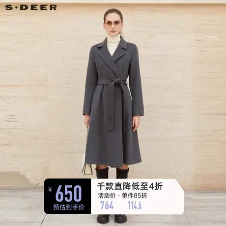 sdeer圣迪奥女装休闲西装领收腰长款冬季外套毛呢大衣S23462502图片