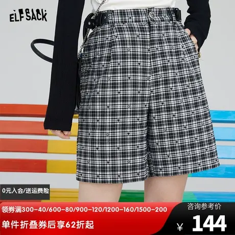 【商场同款】妖精的口袋高腰短裤女2024春秋新款宽松直筒格子裤子图片