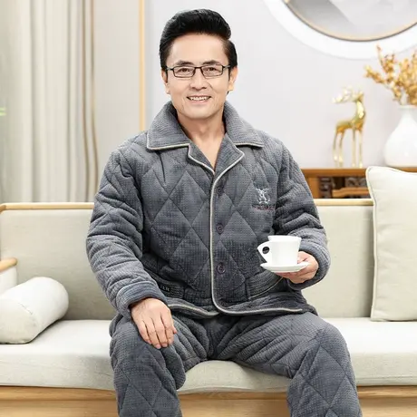 婷美冬季睡衣男中老年三层夹棉珊瑚绒加厚加绒保暖爸爸家居服套装商品大图