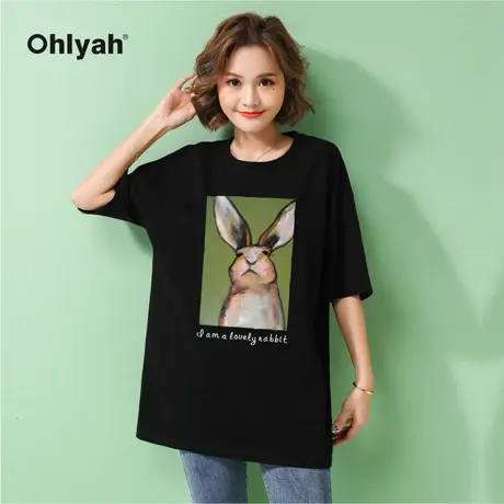 Ohlyah品牌 韩版卡通兔子印花可爱潮牌短袖t恤女中长款慵懒风圆领商品大图