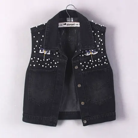 牛仔马甲女短款背心宽松春秋新款大码无袖外套显瘦外搭刺绣钉珠黑商品大图