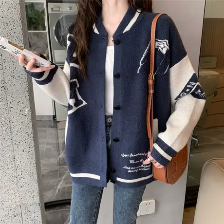 早秋新款棒球服毛衣短外套2023年秋季宽松长袖学院风针织衫开衫女商品大图