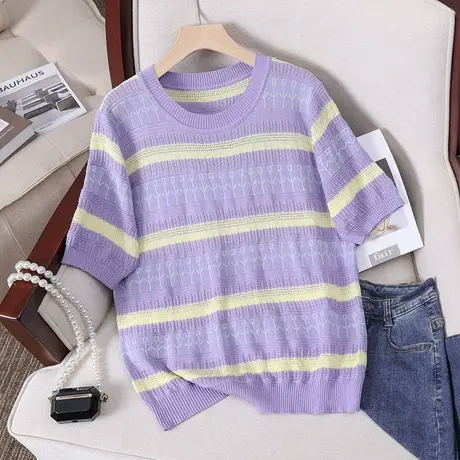 条纹针织衫薄款短袖t恤女2023新款夏季宽松上衣设计感小众体恤潮图片