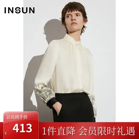 [醋酸系列]恩裳COVER2023春款新款双面缎上衣袖子仿绣花印花衬衫图片