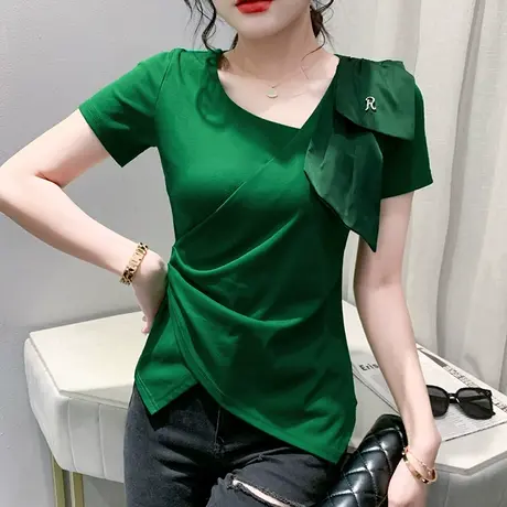 设计感不规则上衣女短袖欧货下摆开叉T恤收腰显瘦小衫性感V领半袖图片