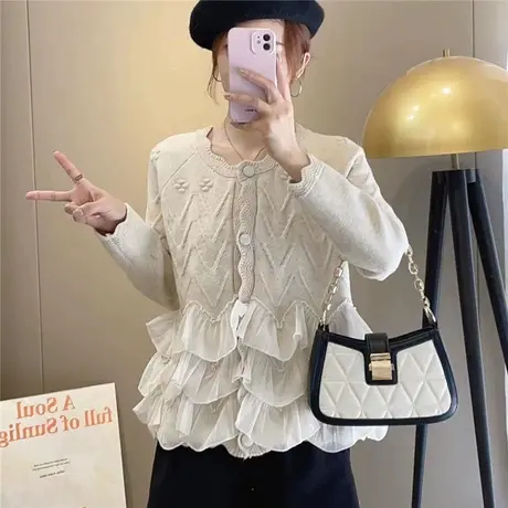 秋季2023年新款软糯温柔拼接针织开衫外套女高级感洋气百搭毛衣女商品大图