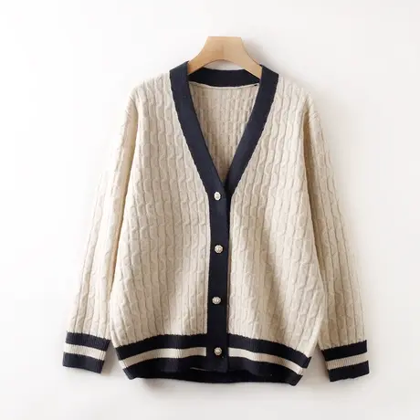 拼色边麻花毛衣女秋季新款韩系学院风针织宽松慵懒洋气开衫毛衣商品大图