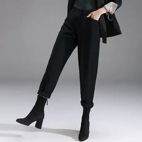 黑色加绒灯芯绒裤子女秋冬小个子九分萝卜裤哈伦裤妈妈条绒裤冬季商品大图