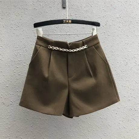 韩版毛呢短裤女2023秋季新款咖啡色设计感时尚百搭a字阔腿裤靴裤图片