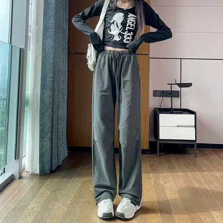 美式工装裤女2023秋季新款高腰宽松抽绳阔腿裤休闲显瘦束脚运动裤商品大图