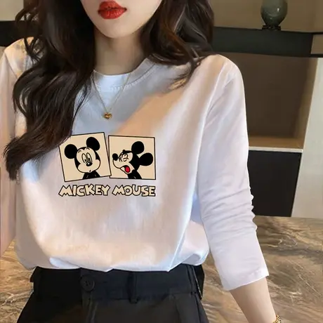白色上衣2022新款秋季韩版百搭打底衫网红宽松米奇印花长袖T恤女图片