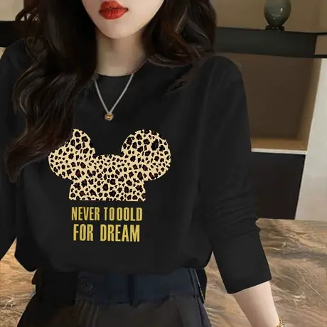 黑色T恤女长袖韩版宽松网红上衣2023年春秋新款学生内搭纯棉春装商品大图