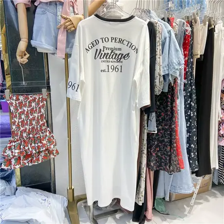 裙子短袖t恤女夏装2020新款韩版宽松休闲印花字母中长款过膝上衣图片