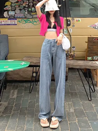 清仓浅蓝色牛仔裤女2023春秋韩系宽松高腰阔腿垂感拖地裤ins商品大图