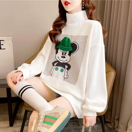 半高领长袖t恤女秋冬韩版宽松加绒加厚中长款洋气内搭个性打底衫图片