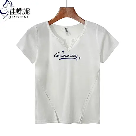 夏季新款小V领修身短款纯欲纯棉开叉印花短袖体恤上衣女打底衫商品大图