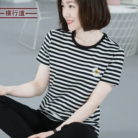 黑白条纹大码2023中年妈妈短袖t恤女圆领雏菊上衣女夏装胖MM半袖商品大图