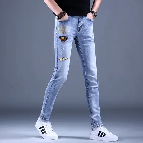 男士刺绣印花牛仔裤男修身小脚2023新款秋款超薄裤子韩版休闲男款商品大图