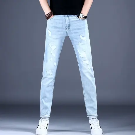 男士秋款轻奢新款牛仔裤男款浅蓝色美式高街破洞修身小脚2023百搭商品大图