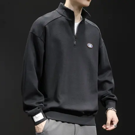 加绒卫衣男秋冬半高立领重磅大码2023新款上衣黑色长袖秋季潮牌商品大图