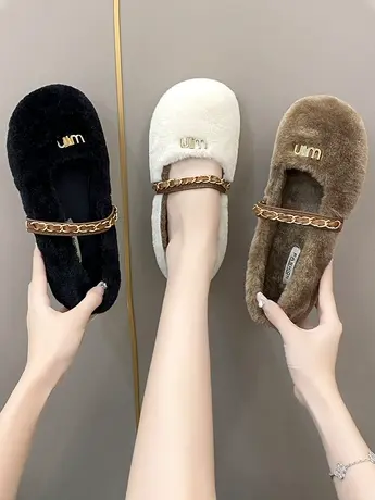 毛毛鞋女冬2023年新款厚底百搭网红链条平底加绒棉一脚蹬豆豆鞋子图片