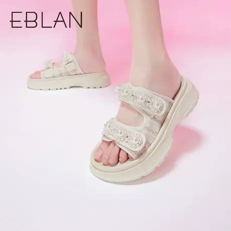 千百度伊伴春夏女鞋小香风时尚凉鞋魔术贴外穿休闲厚底沙滩拖鞋商品大图