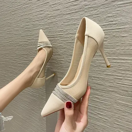 透气网纱水钻凉鞋女2023年夏季新款气质尖头高跟鞋女性感浅口单鞋图片