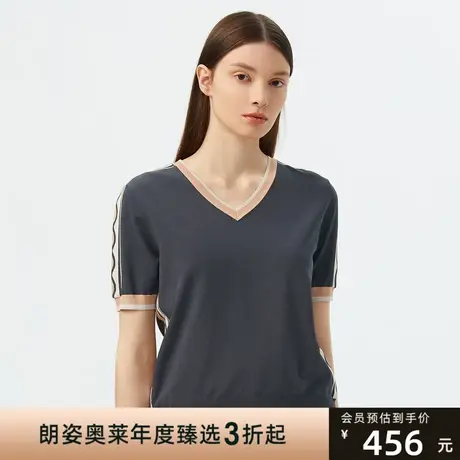 朗姿撞色V领薄款针织衫夏季新款宽松T恤女上衣商场同款商品大图