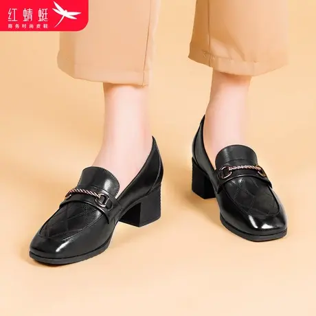 红蜻蜓女鞋黑色粗跟小皮鞋女中跟单鞋中老年妈妈鞋女皮鞋子通勤鞋商品大图