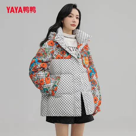 鸭鸭羽绒服女2023年秋冬新品短款连帽印花韩版时尚保暖外套C图片
