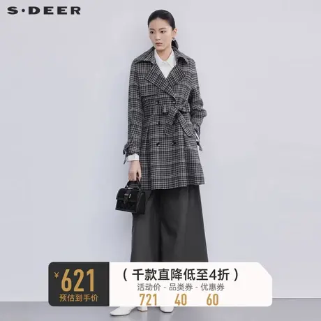 sdeer圣迪奥女装翻领收腰格纹长款修身毛呢外套大衣S224Z2505图片
