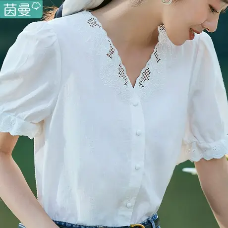 茵曼旗舰店官网正品衬衫女夏天水蓝色短袖衬衣甜美短款绝美上衣图片